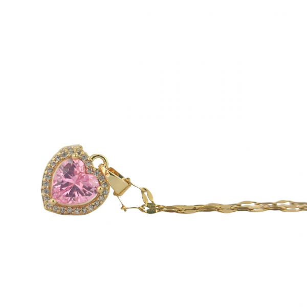 Pembe Taşlı Kalp Gold Çelik Kolye